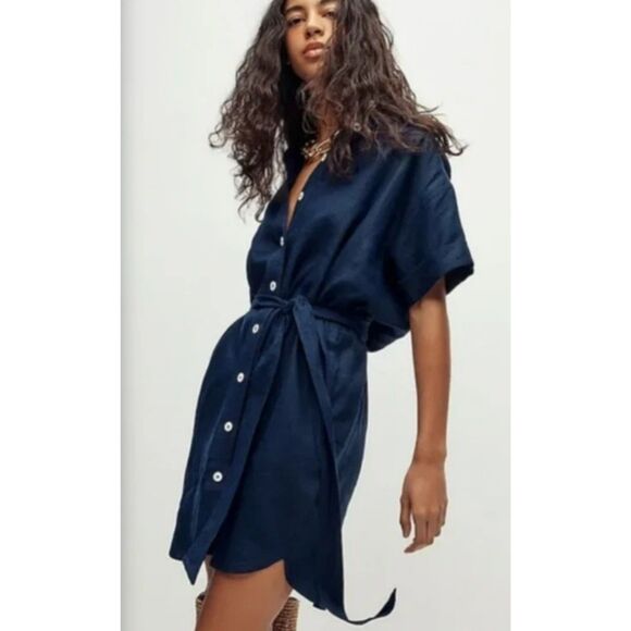 NWOT J.CREW $128 Capitaine shirtdress 100% linen, Navy S button up optional belt - Picture 1 of 6
